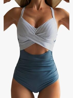Striped Wrap-Front Two-Tone One-Piece Swimsuit - White & Teal